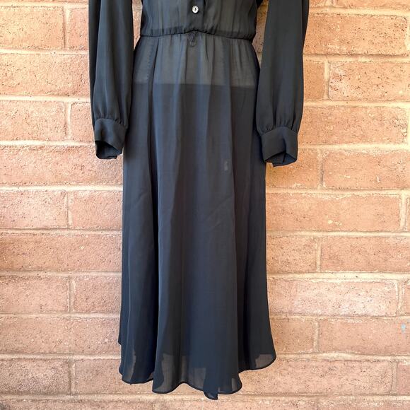 VTG Jeri New York Chiffon Black Sheer Ruffle Button Front Dress Long Sleeve 8 - Picture 5 of 11